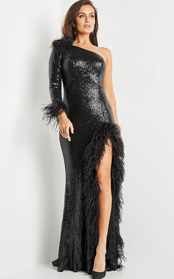 Jovani 22895 Black Sequin Feather Embellished Evening Dress